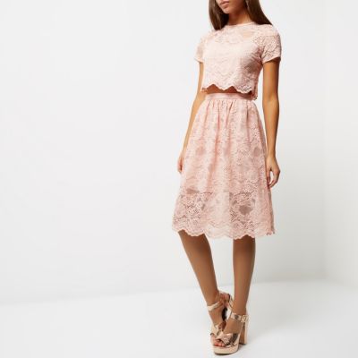 Blush pink lace trim cut-out midi dress